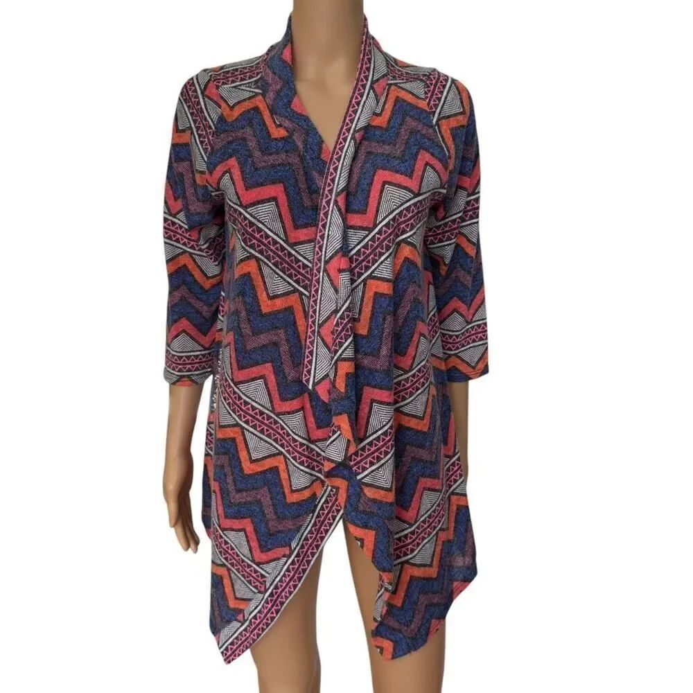 Flamingo Urban Womans Multi Colored Open Front 3/4 Sleeve Cardigan Sweater Sz M